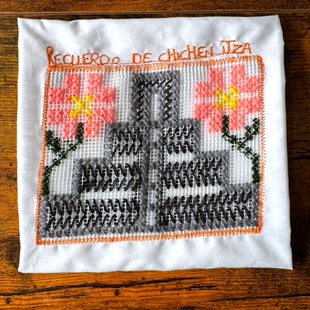 VTG Handmade Multicolor Cross-Stitch 18X18 Linen Mayan Ruins Primitive Decor Art